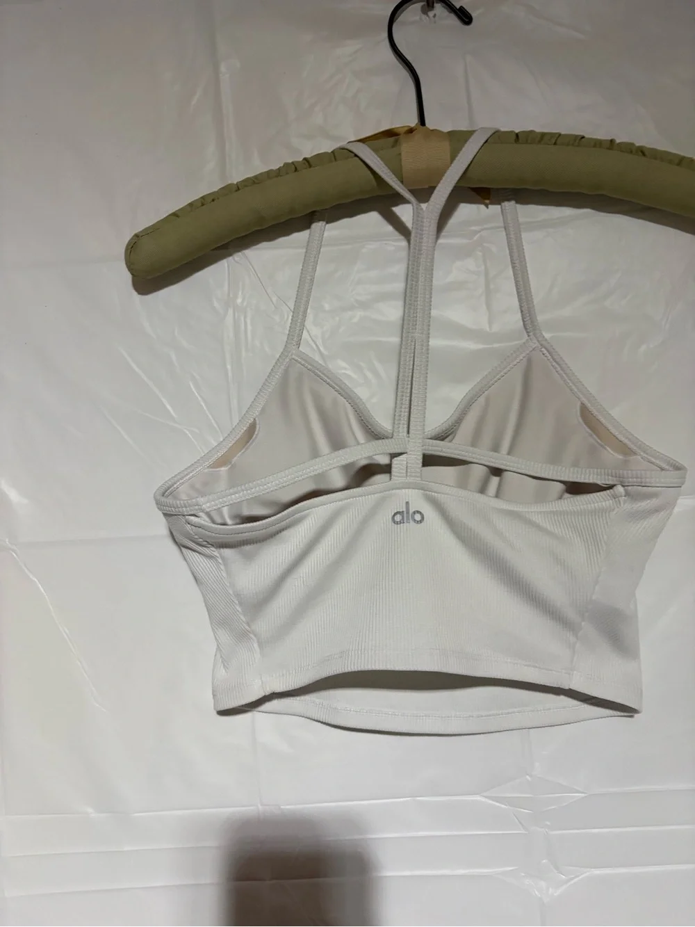 ALO Yoga White Ribbed Cropped Camisole with Strappy Back Detail